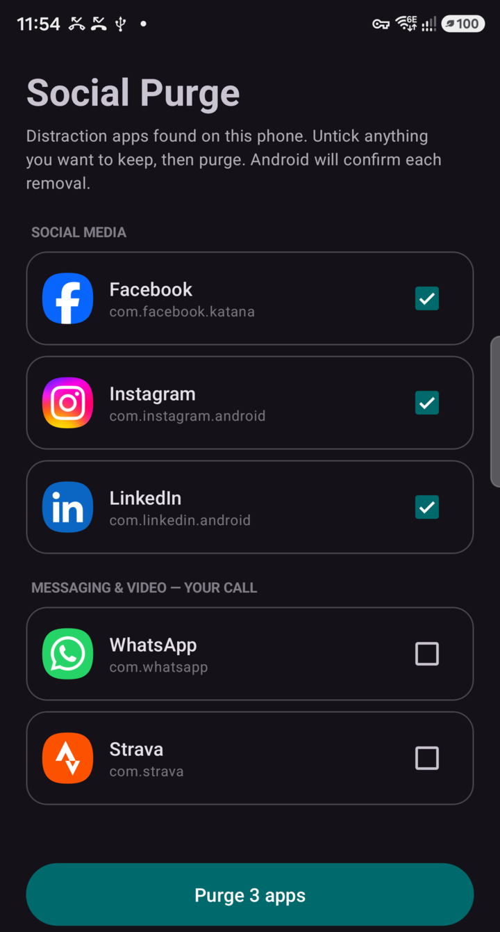 Social Purge app showing detected social media apps ready to purge
